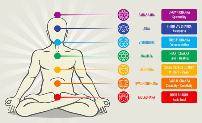Human energy chakra system, ayurveda love asana vector illustration