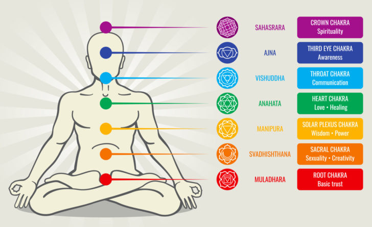 Human energy chakra system, ayurveda love asana vector illustration